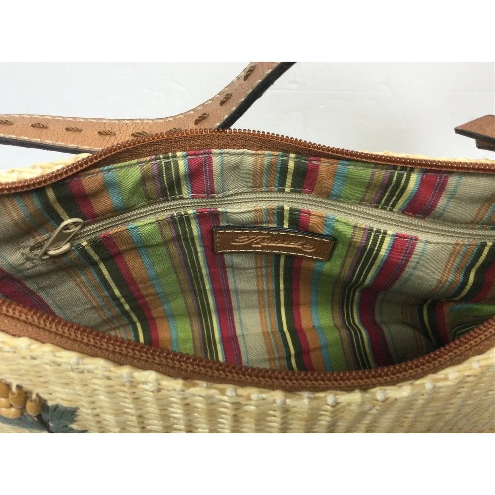 Vintage Fossil Straw Shoulder Bag Hobo Purse Beaded Accents‎ 9in x 6in
